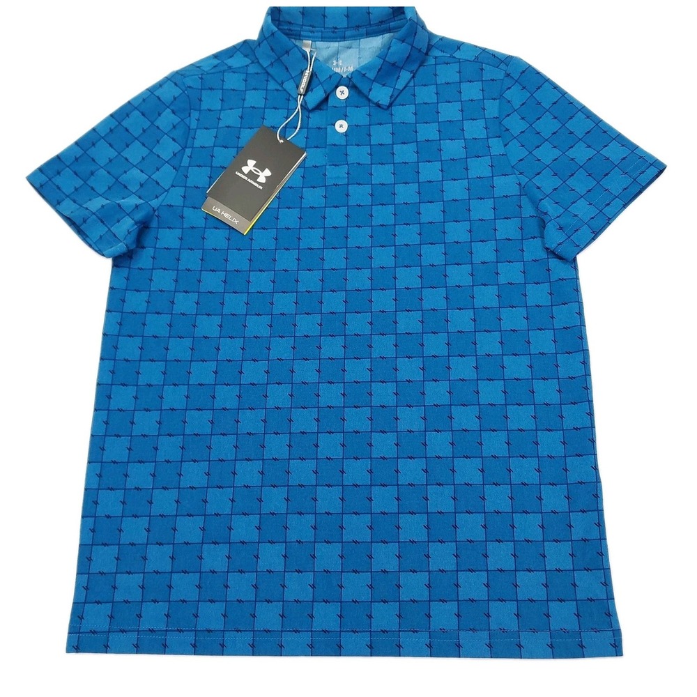Under Armour UA Helix Polo‎ shirt Golf Boys Medium YM NWT Blue Check